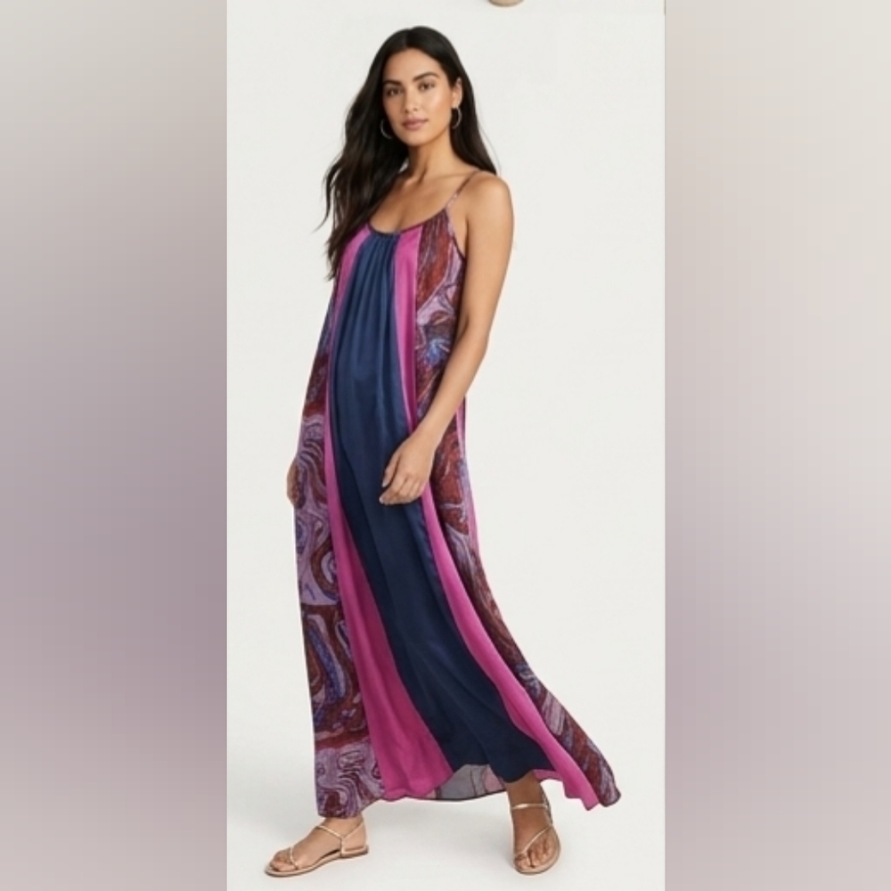 100% Silk Ella Moss Navy and Fuchsia Patterned Maxi Dress